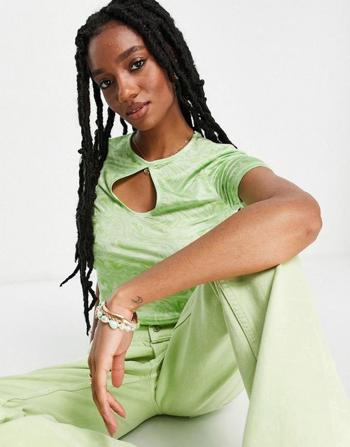 Asos Design Fitted Top With Keyhole In Marble Print-green