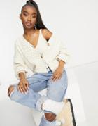 Missguided Cable Knit Cardigan Set With Balloon Sleeves In Stone-neutral