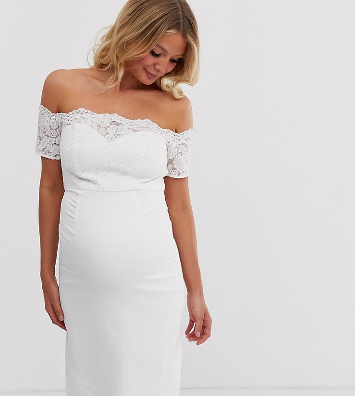 Chi Chi London Maternity Crochet Lace Midi Dress With Bardot Sleeve In White