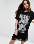 Boohoo Metal Band Tee Dress With Lace Trim - Black