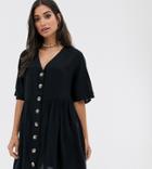 Asos Design Petite V Neck Button Through Mini Smock Dress