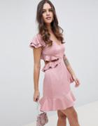 Asos Design Ruffle Mini Dress In Rippled Satin With Cut Out Back-pink