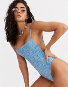 Asos Design Skinny Bind Strappy Swimsuit In Denim Look Geo Print-multi