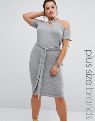 One One Three Halter Bodycon Dress With Tie Detail - Gray