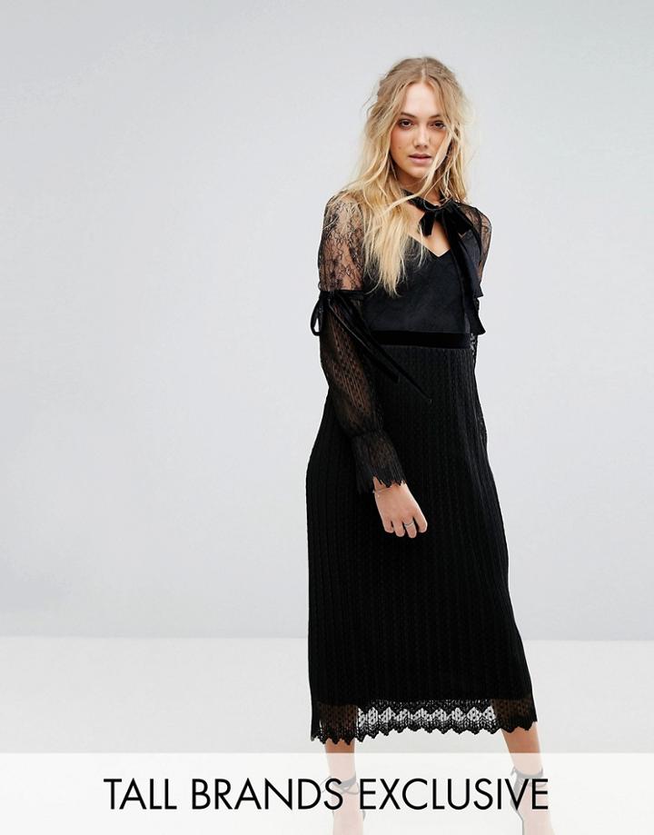 Tfnc Tall High Neck Pleated Lace Midi Dress With Long Sleeves And Velvet Strips - Black