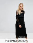 Tfnc Tall High Neck Pleated Lace Midi Dress With Long Sleeves And Velvet Strips - Black