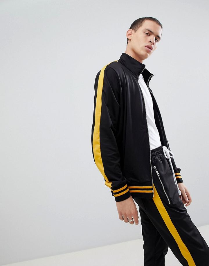 Criminal Damage Track Jacket In Black With Yellow Side Stripe - Black