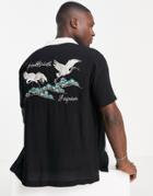 Topman Camp Collar Shirt With Crane Embroidery In Black