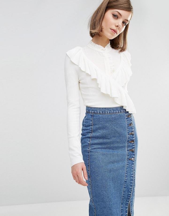 Lost Ink Wrap Front Cardigan With Frill Details - Cream