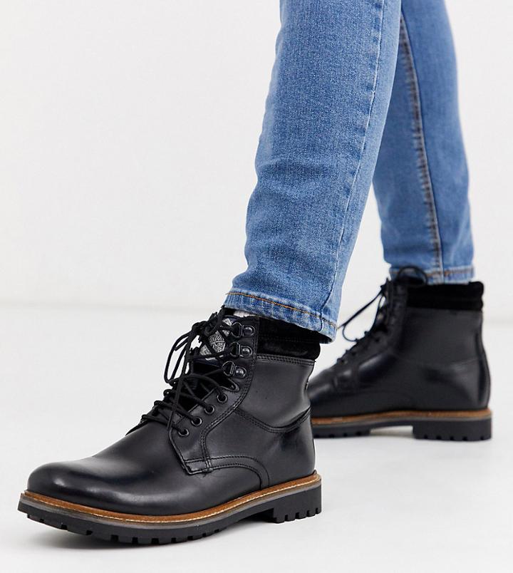 Base London Wide Fit Hide Lace Up Boots In Black