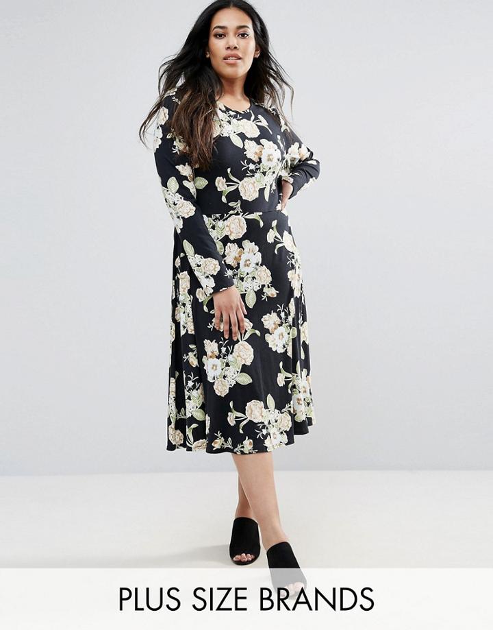 Club L Plus Skater Dress In Floral Print - Black