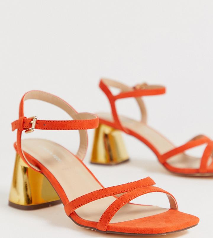 London Rebel Wide Fit Kitten Heel Stud Sandals - Orange