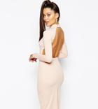 Naanaa High Neck Midi Bodycon Dress With Open Back - Pink