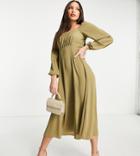 Asos Design Tall Square Ruched Neck Midi Dress In Khaki-green