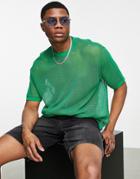Asos Design Knitted Short Sleeve Mesh T-shirt In Green