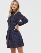 Qed London Button Through Polka Dot Shirt Dress In Navy And White - Navy