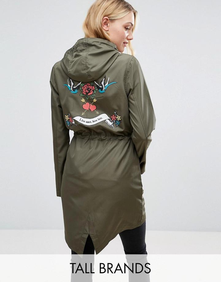 Brave Soul Tall Festival Parka With Swallow Back Print - Green