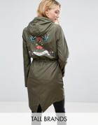 Brave Soul Tall Festival Parka With Swallow Back Print - Green