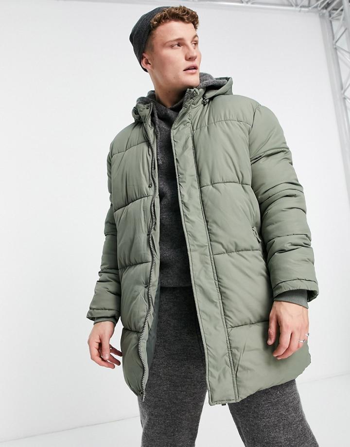 New Look Longline Puffer Coat In Khaki-green