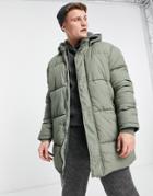 New Look Longline Puffer Coat In Khaki-green