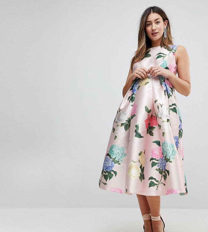 Chi Chi London Maternity Printed Satin Midi Dress-multi