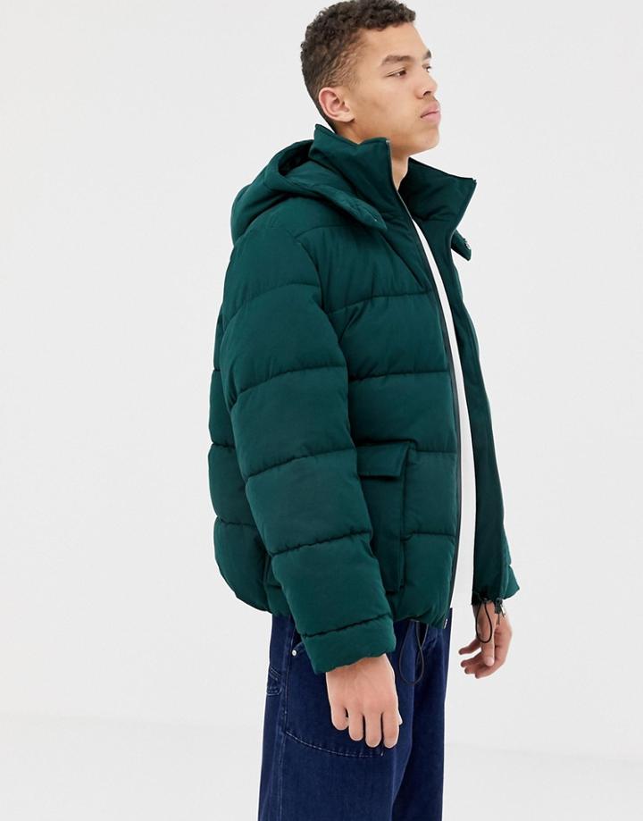 Asos White Boxy Puffer Jacket With Hood - Green