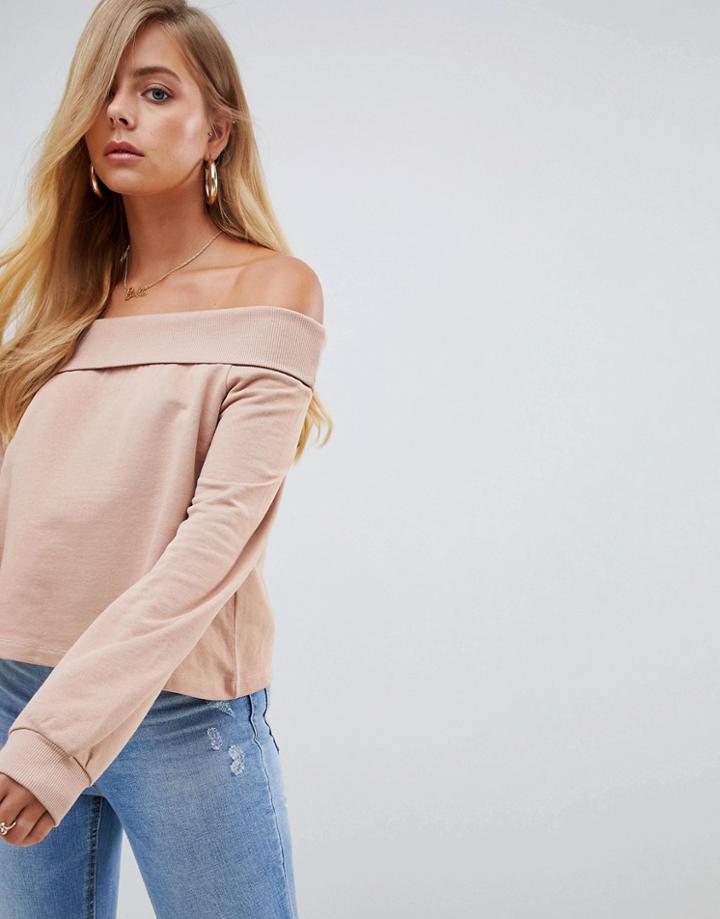 Asos Design Off Shoulder Sweat With Foldover In Tobacco - Brown