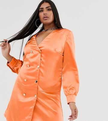 Club L London Plus Double Breasted Satin Shirt Dress - Orange
