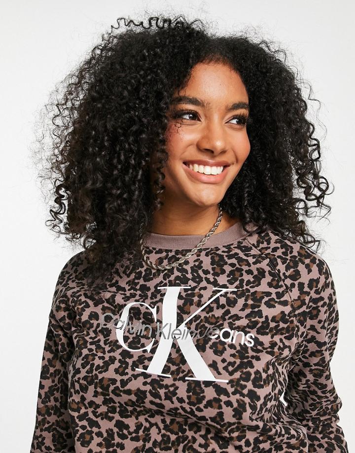 Calvin Klein Jeans Logo Crew Neck Sweatshirt In Leopard Print-brown