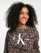 Calvin Klein Jeans Logo Crew Neck Sweatshirt In Leopard Print-brown