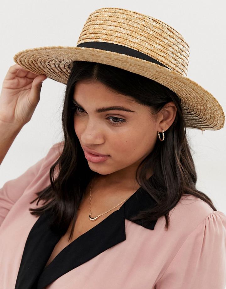 South Beach Straw Boater Hat With Black Ribbon-beige