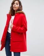 Asos Design Hooded Slim Coat With Faux Fur Trim - Red
