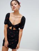 Honey Punch Cut Out Front Tea Dress In Cherry Print - Black