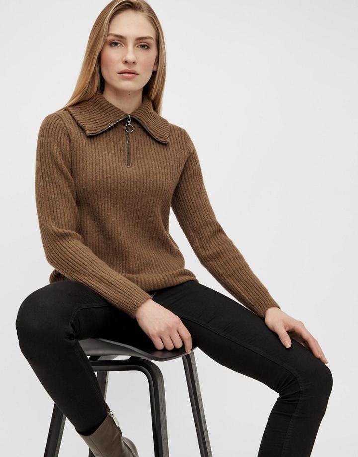 Object Knit Sweater With Zip Detail In Brown