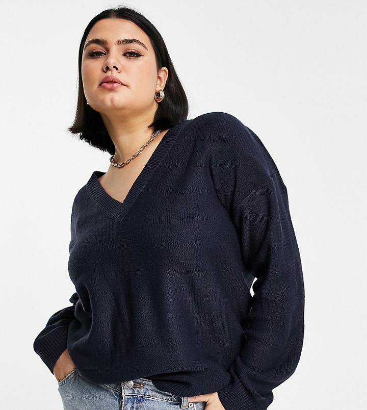 Brave Soul Plus Kansas V Neck Sweater-navy