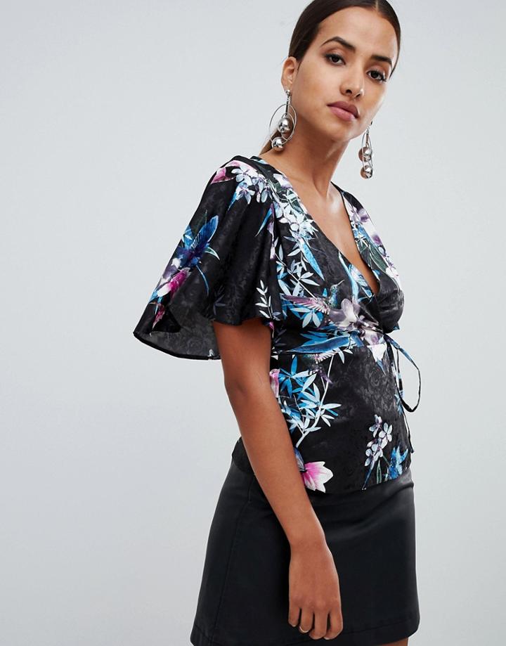 Lipsy Printed Wrap Top - Black