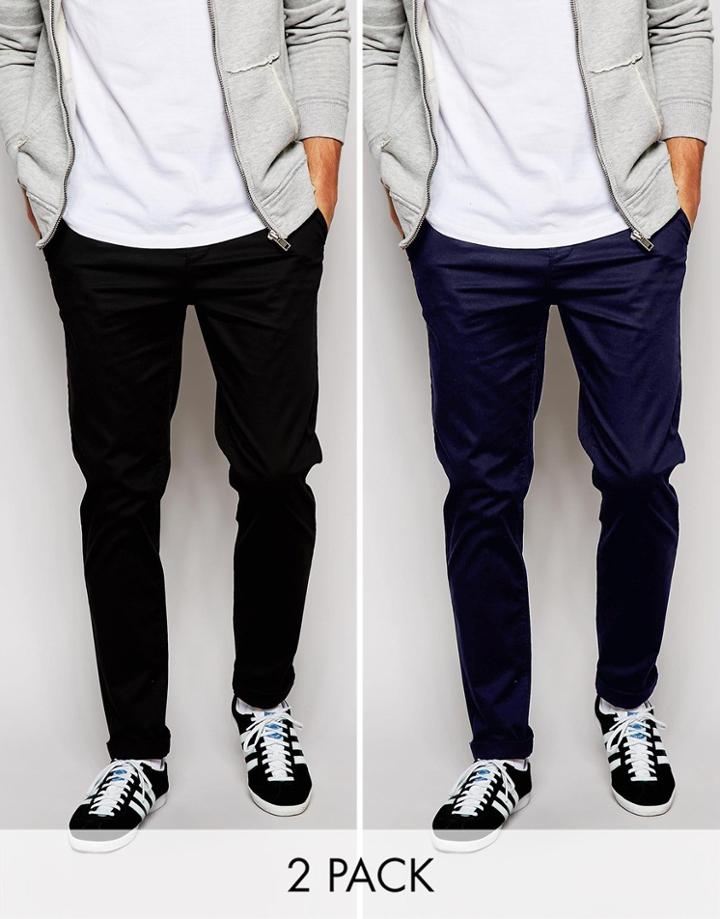 Asos 2 Pack Slim Chinos Save 15% In Black/navy