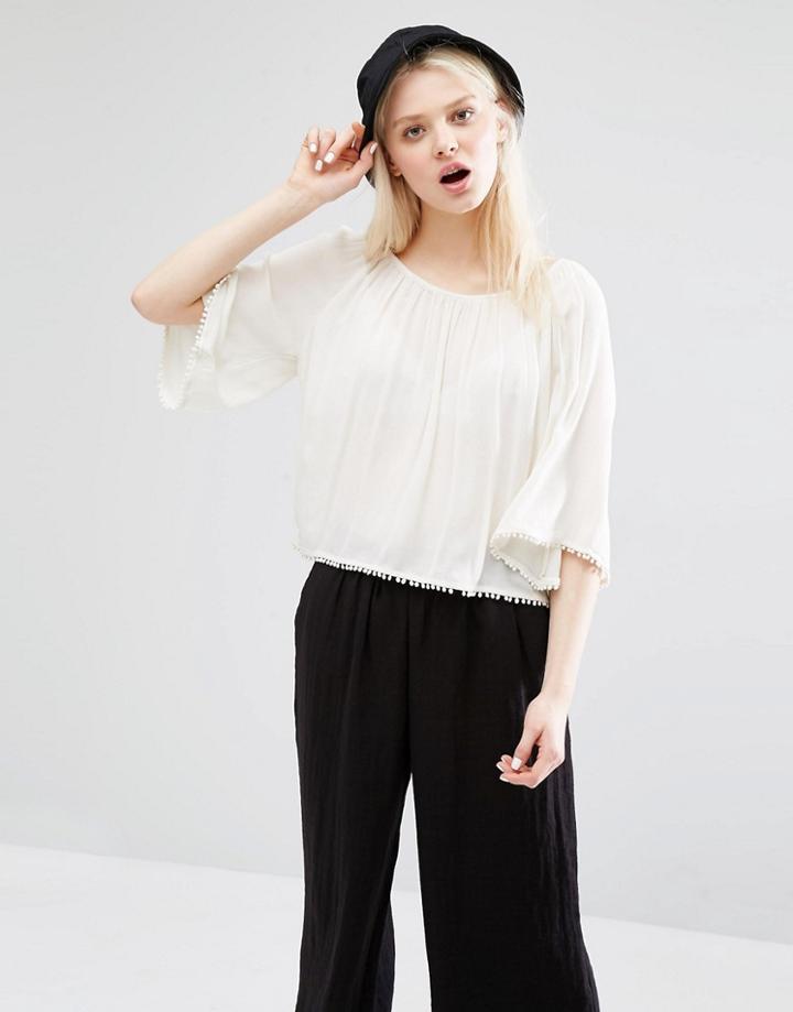 Monki Pom Pom Trim Swing Top - White