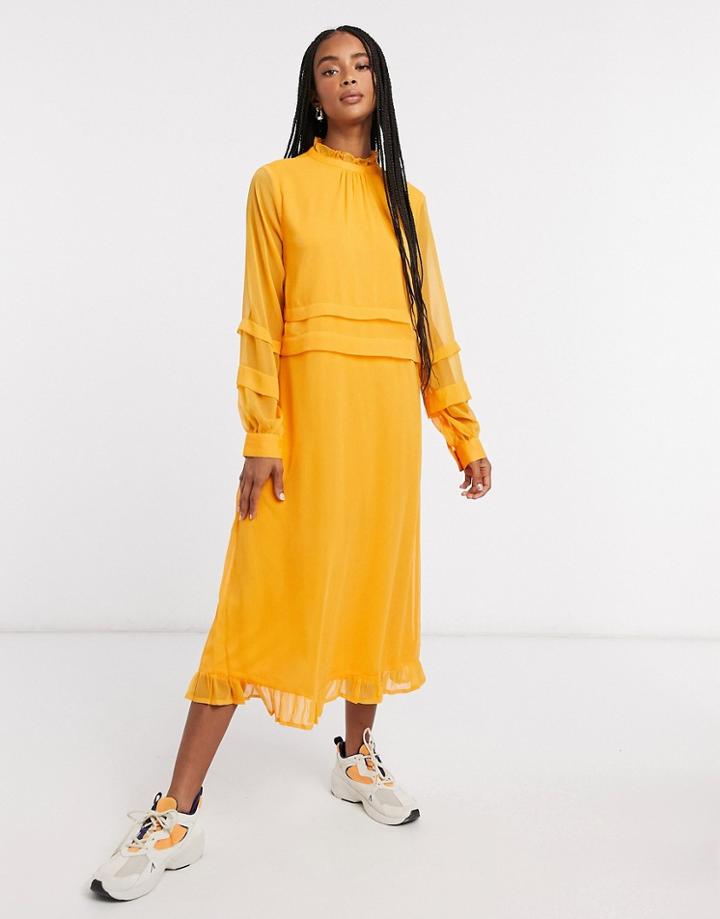 Vila High Neck Midi Dress In Apricot-orange