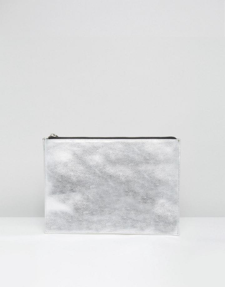Asos Metallic Leather Zip Top Clutch Bag - Silver