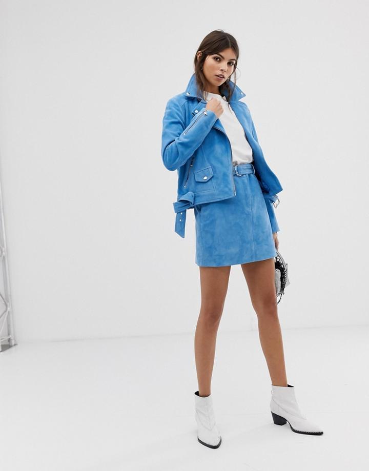 Lab Leather Belted Skirt In Suede Two-piece - Blue