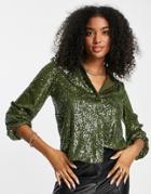 Flounce London Sequin Shirt With Balloon Sleeves In Khaki - Part Of A Set-green