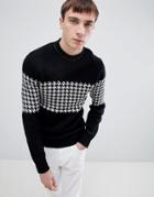 Selected Homme High Neck Knitted Sweater With Houndstooth Stripe Pattern - Black