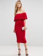 Club L Bardot Midi Dress With Frill Overlay - Red