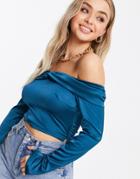 Naanaa Bardot Satin Crop Top In Teal-navy