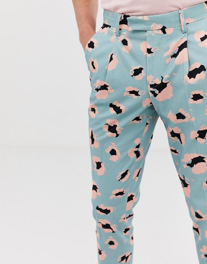 Asos Design Slim Crop Smart Pants In Leopard Print Cotton - Blue