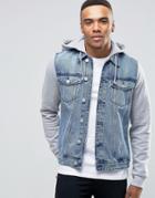 New Look Denim Jacket With Jersey Sleeves In Mid Wash - Blue