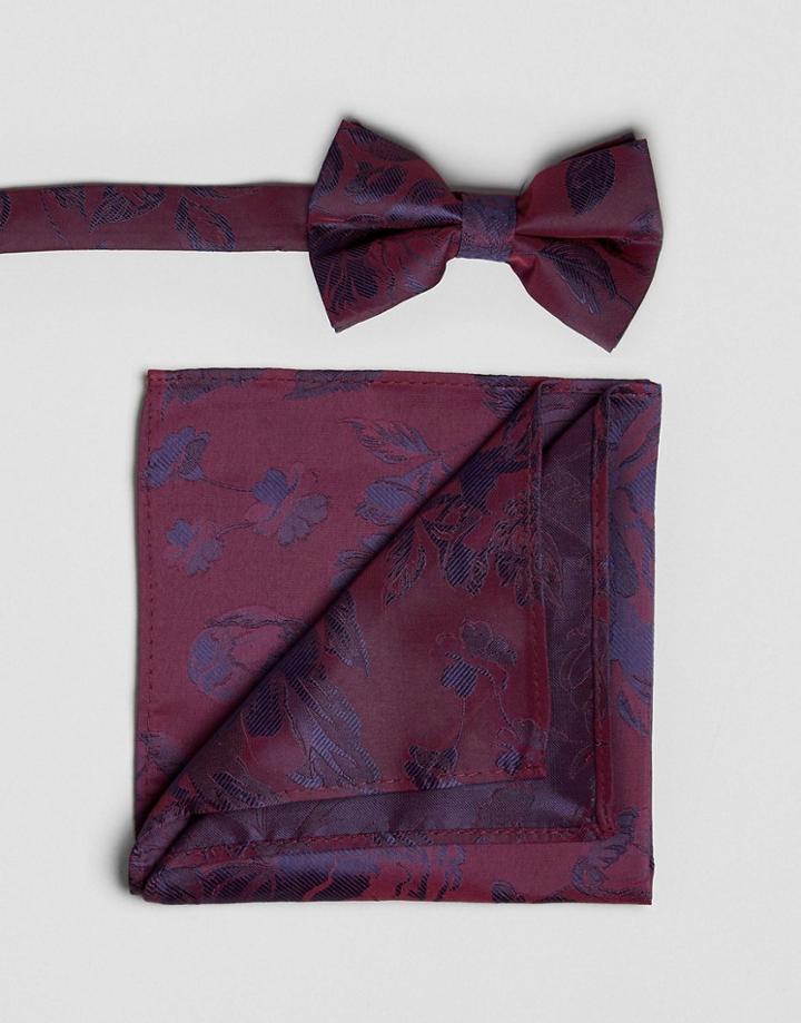 Asos Floral Bow Tie And Pocket Square Set In Burgundy - Red