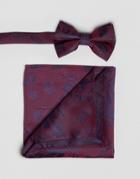 Asos Floral Bow Tie And Pocket Square Set In Burgundy - Red