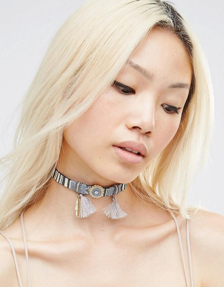 Ashiana Embellished Tassel Choker Necklace - Multi Gray